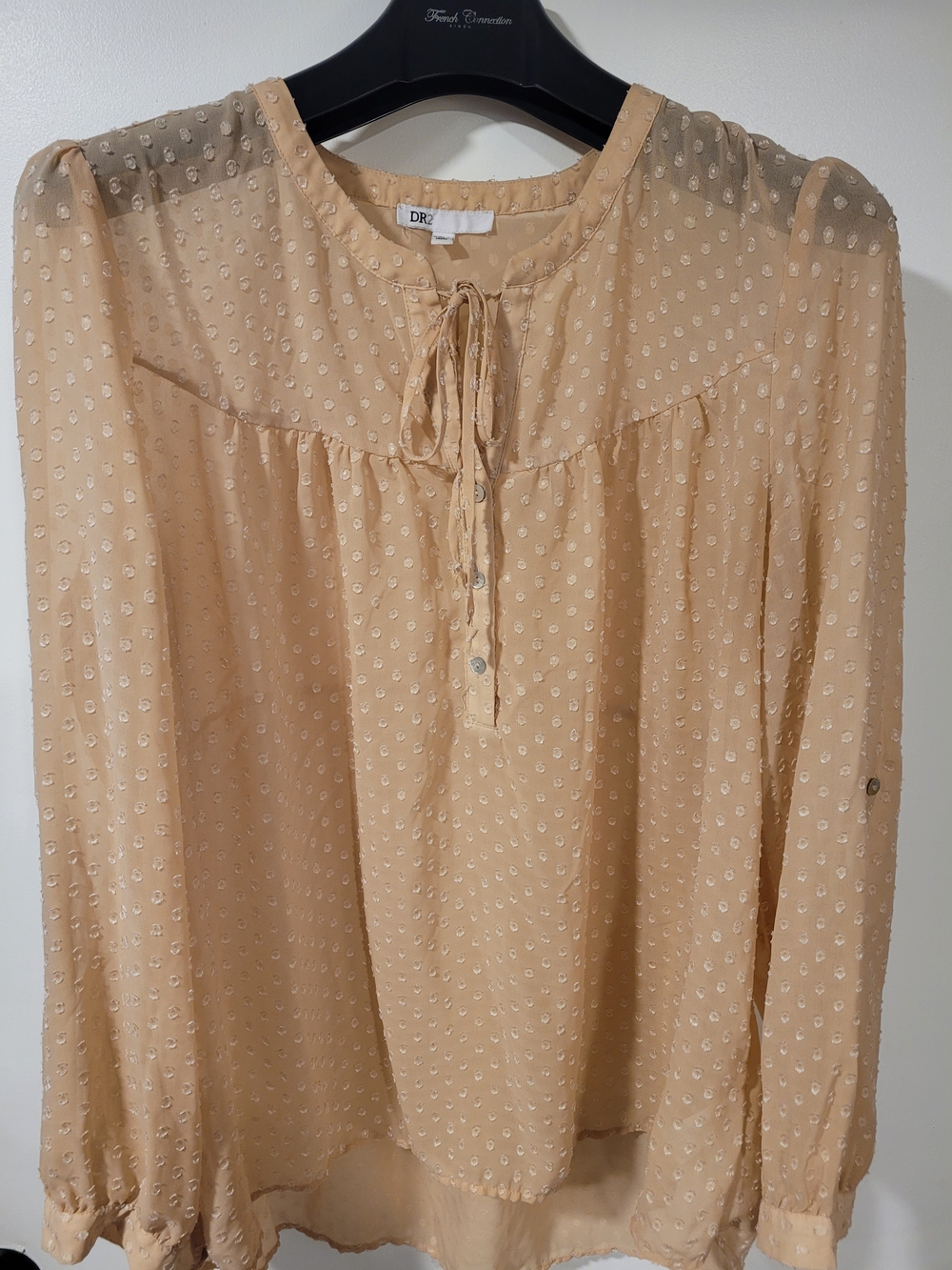 DR2 Peach Swiss Dot Tie-Neck Blouse
